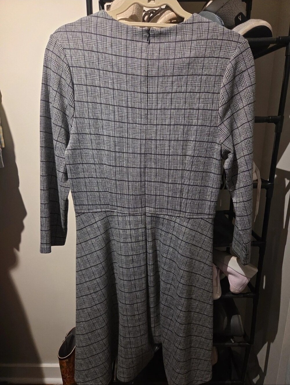 Plaid Long Sleeve Fit-and-Flare Dress in Grey
